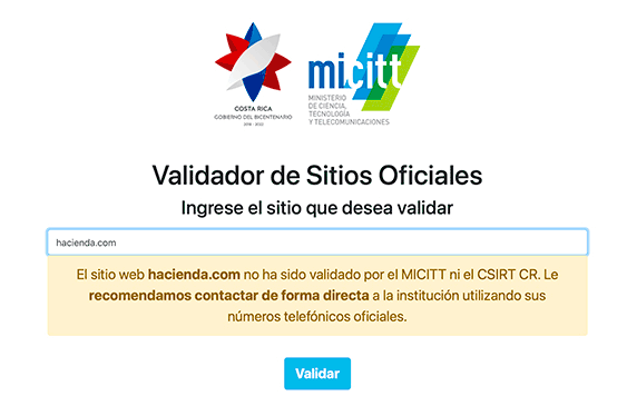 Validador,Ministerio de Ciencia,Gobierno de la República,Estafas,Organismo de Investigación Judicial,Tecnología,Sitios web